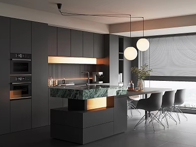 Modern Luxury Restaurant Interior With Open Kitchen Island Gray Cabinets Pendant Lights And Dining Chairs 3d model