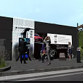 Modern public building exterior with people interacting and decorative facade plants