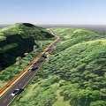 Scenic Road Facilities With Vehicles Pedestrians Trees Green Slopes And Street Lights