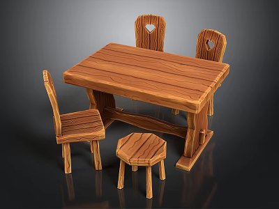 Wooden Dining Chairs With Rustic Design And Matching Dining Table And Stool 3d model