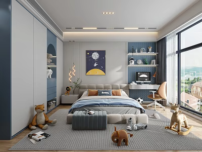 Kids Room Interior With Cozy Bed Stuffed Animals Wall Art Desk Shelves And Large Window 3d model