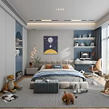 Kids Room Interior With Cozy Bed Stuffed Animals Wall Art Desk Shelves And Large Window