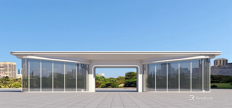 Modern Entrance Gate With White Structure Arched Doorway Glass Curtain Walls And Green Plants 3d model 