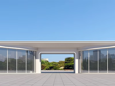Modern Entrance Gate With White Structure Arched Doorway Glass Curtain Walls And Green Plants 3d model