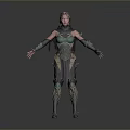 Woman In Green And Dark Armored Outfit With Shoulder Guards And Outstretched Arms