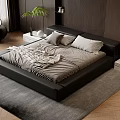 Modern Bedroom Interior With Black Leather Bed Gray Bedding Potted Plant And Wooden Floor