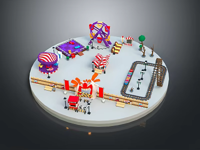 Colorful Amusement Rides with Ferris Wheel Carousel Roller Coaster Mini Train on Round Platform 3d model