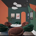 Vibrant Interior With Green Orange Sofas Round Table Cloud Chandeliers And Flamingo Paintings