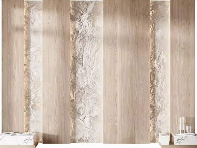 Modern TV Background Wall Design With Wooden Panels And Marble Texture 3d model