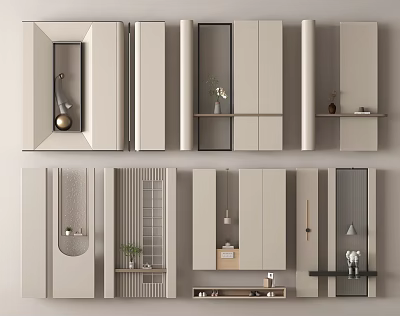 Modern Minimalist Entryway Hallway Design With Cabinets Mirror Shelves And Decorative Items 3d model