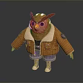 Cute Cartoon Owl 3D Model Wearing Orange Jacket White Fur Collar And Purple Shorts