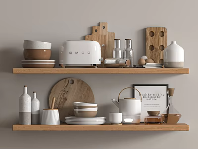 Wooden Kitchen Shelves Displaying Ceramic Bowls Toaster And Cutting Boards 3d model