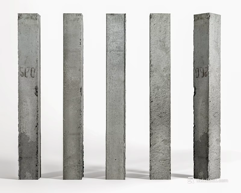 Five Concrete Pillars With Textured Surface Marked SFC And DK On White Background 3d model