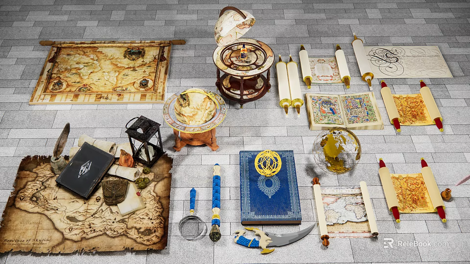 Ancient Exploration Items Collection With Maps Scrolls Astrolabe Books Lantern And Dagger 3d model 