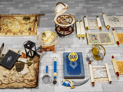 Ancient Exploration Items Collection With Maps Scrolls Astrolabe Books Lantern And Dagger 3d model