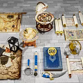 Ancient Exploration Items Collection With Maps Scrolls Astrolabe Books Lantern And Dagger