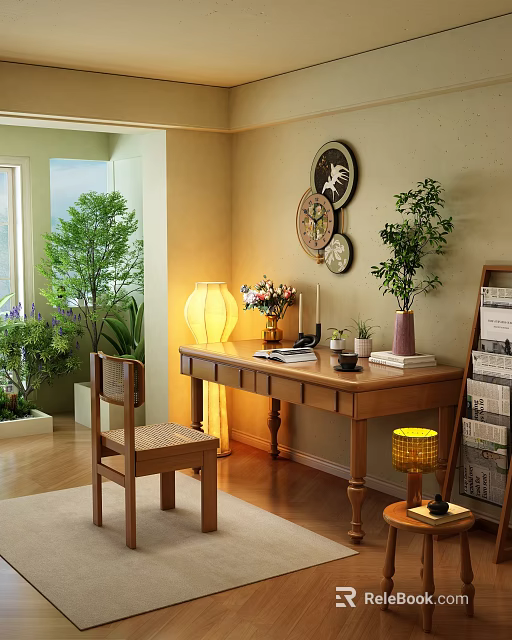 Retro Solid Wood Writing Desk With Decorative Green Plants And Warm Comfortable Home Study Setup 3d model 