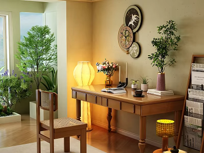 Retro Solid Wood Writing Desk With Decorative Green Plants And Warm Comfortable Home Study Setup 3d model