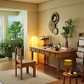 Retro Solid Wood Writing Desk With Decorative Green Plants And Warm Comfortable Home Study Setup