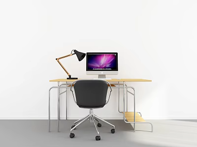 Modern Minimalist Desk With Laptop Black Lamp And Ergonomic Chair For Home Office 3d model