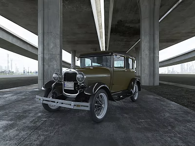 Vintage Green Car Parked Under Bridge With Concrete Pillars And Urban View 3d model