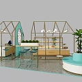 Modern Milk Tea Shop with Golden Frame Glass Structure Counter Tables and Chairs Plants