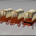 Three Vintage Red Wagons With White Canvas Covers And Wooden Wheels