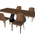 Modern Wooden Rectangular Dining Table Set With Four Brown Leather Chairs And Black Geometric Base 3d model