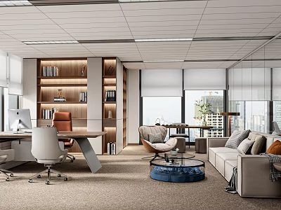 Modern Office Interior With Wooden Bookshelves Desk Sofa And Floor to Ceiling Windows City View 3d model