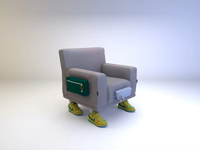 Unique Gray Single Sofa With Green Blue Armrest Pockets And Yellow Shoes Base 3d model