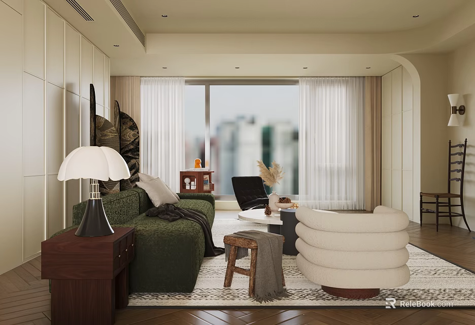 Modern Living Dining Room with Green Sofa White Chair Coffee Table and City View Window 3d model 