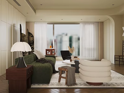 Modern Living Dining Room with Green Sofa White Chair Coffee Table and City View Window 3d model