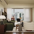 Modern Living Dining Room with Green Sofa White Chair Coffee Table and City View Window