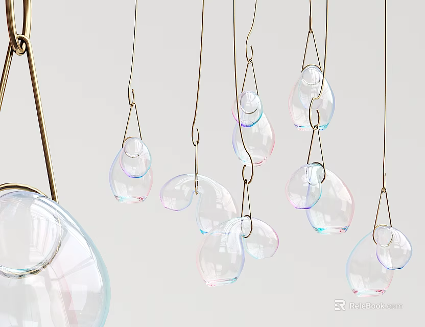 Modern Decorative Chandelier With Transparent Glass Bubble Shaped Pendants And Gold Metal Frame 3d model 