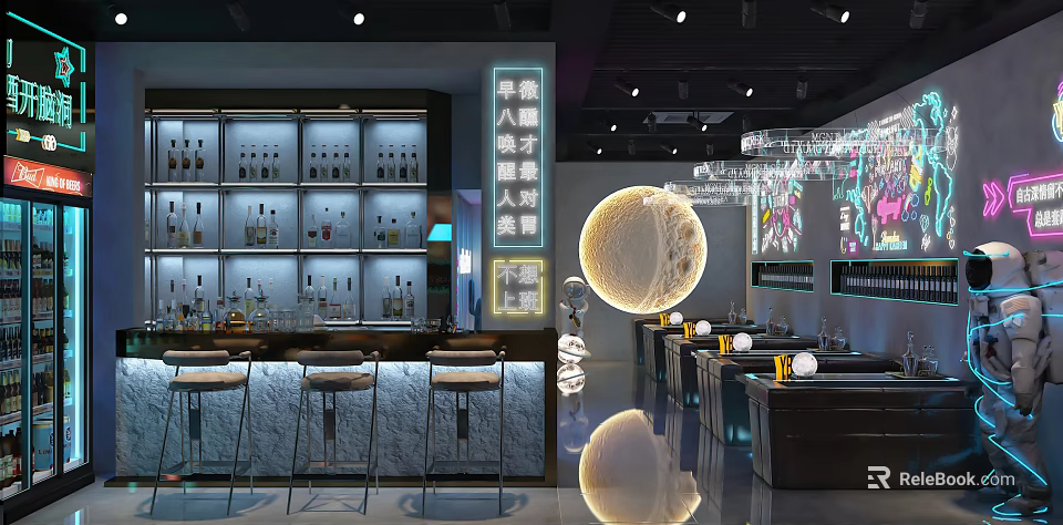 Modern Bar Interior With Bar Counter Bottle Shelves Circular Moon Lamp And Neon Lights 3d model 