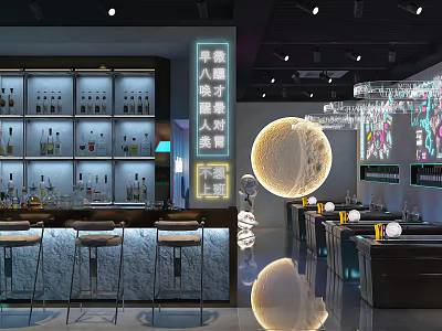 Modern Bar Interior With Bar Counter Bottle Shelves Circular Moon Lamp And Neon Lights 3d model