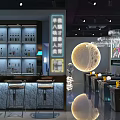 Modern Bar Interior With Bar Counter Bottle Shelves Circular Moon Lamp And Neon Lights