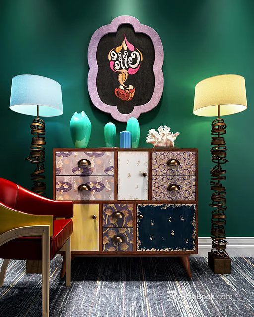 Multicolored Console Cabinet With Patterned Drawers Table Lamps Green Wall And Decorative Items 3d model