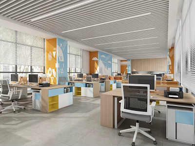 Modern Public Office Space With Open Workstations Ergonomic Chairs Computers And Natural Light 3d model