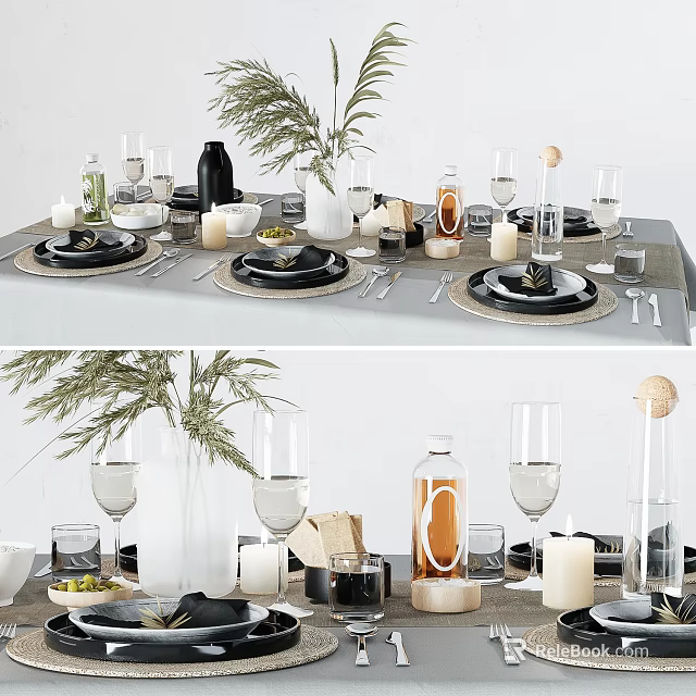 Elegant Modern Dinnerware Set With Black Ceramic Plates Glassware Candles And Greenery Table Setting 3d model
