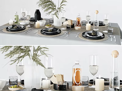 Elegant Modern Dinnerware Set With Black Ceramic Plates Glassware Candles And Greenery Table Setting 3d model