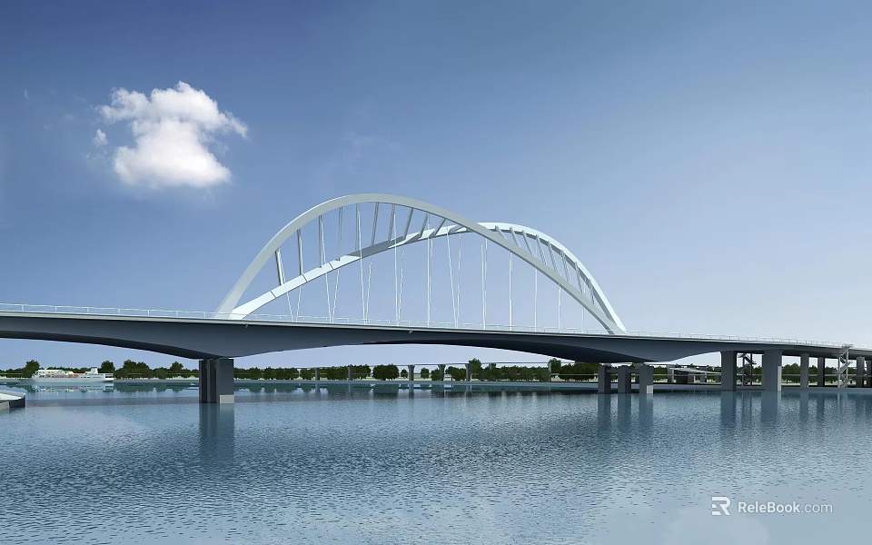 White Arch Bridge with Modern Design Spanning Calm Water Under Blue Sky and White Clouds 3d model 