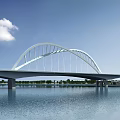 White Arch Bridge with Modern Design Spanning Calm Water Under Blue Sky and White Clouds
