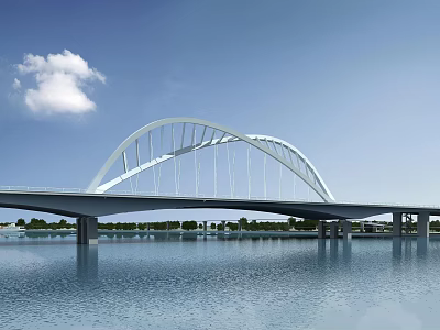 White Arch Bridge with Modern Design Spanning Calm Water Under Blue Sky and White Clouds 3d model