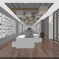 Modern Display Space Interior with White Shelves Wooden Tables and Square Pendant Lights