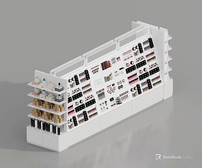 White Multi Tier Retail Display Shelf Showcasing Various Organized Products in Store 3d model