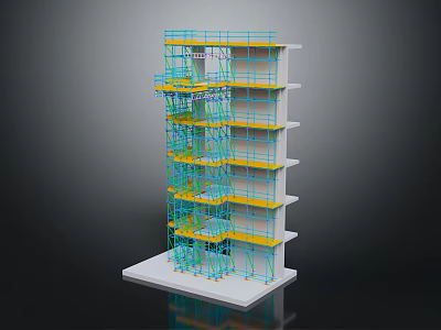 Multi Level Architectural Model With Blue Framework And Yellow Components On White Base 3d model