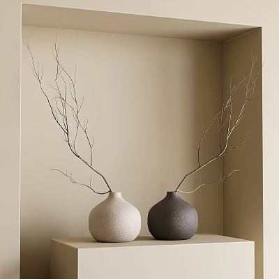 Two Light And Dark Ceramic Vases With Decorative Branches On Wooden Shelf In Minimalist Interior 3d model