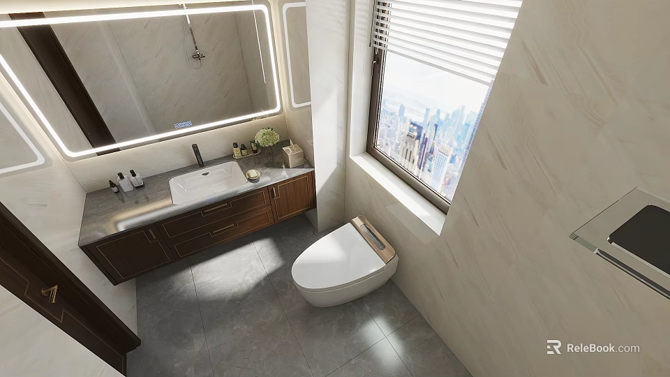 Elegant Modern Bathroom Design With Large Mirror Vanity Countertop Wooden Cabinets And City View Window 3d model 