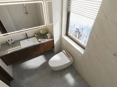 Elegant Modern Bathroom Design With Large Mirror Vanity Countertop Wooden Cabinets And City View Window 3d model